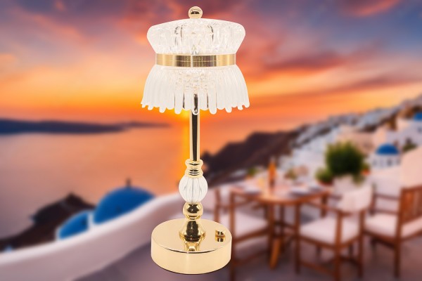 LED Kristall Tischlampe Gold 33cm – Touch-Dimmer, 3 Lichtfarben, USB/Batterie, Acrylglas