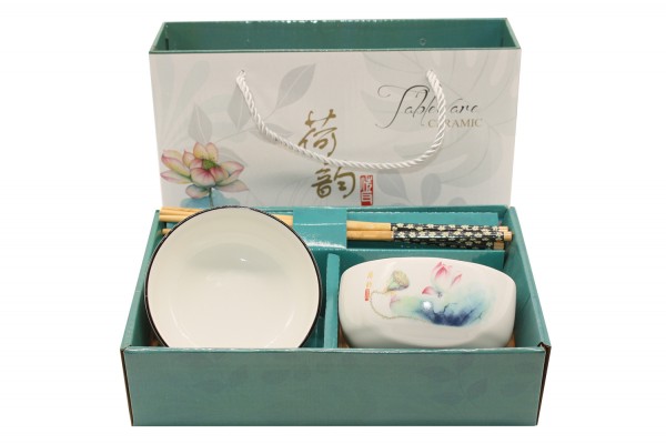 Traditionelle chinesische Keramik: 2 Schalen und 2 Paar Essstäbchen in einer Geschenkbox